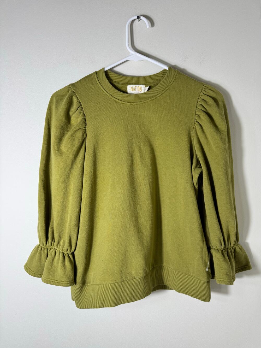 Nation LTD Cotton Olive Green Puff Sleeve Sweatshirt Size XS